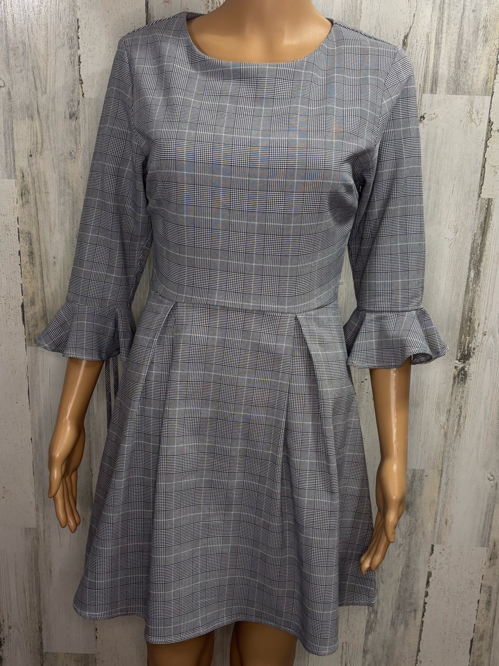 Everly Gray Plaid Fit-and-Flare Midi Dress with Ruffle Sleeves